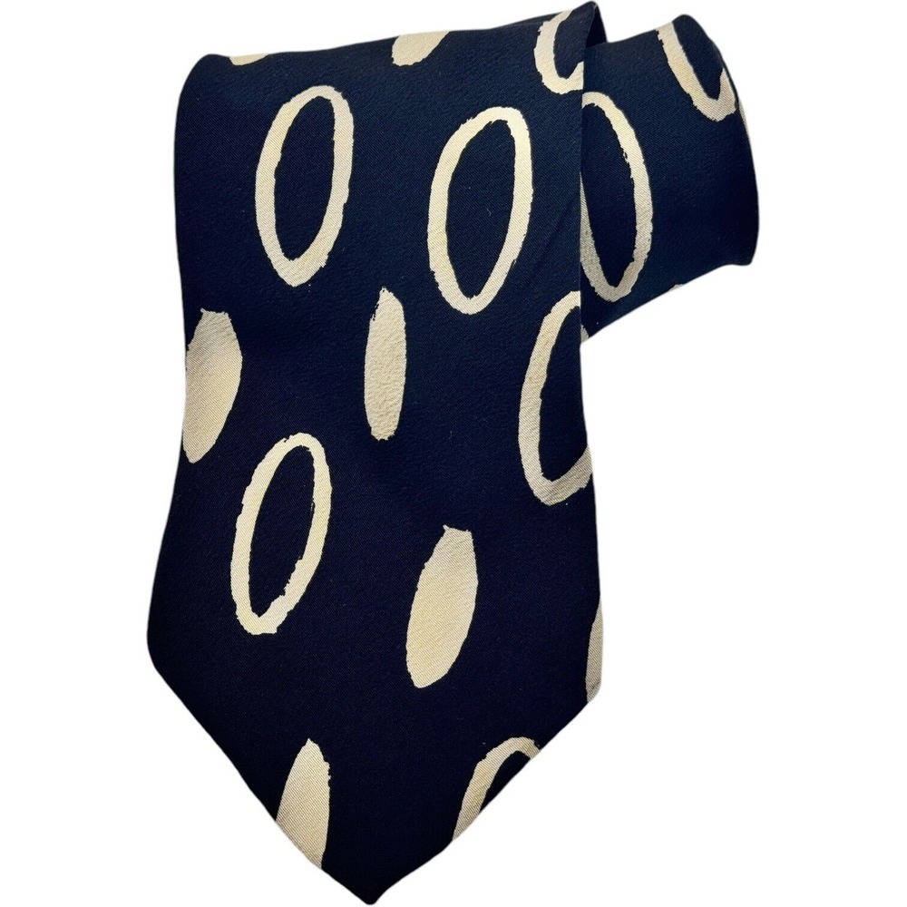 HUGO BOSS Silk Necktie Geometric Ovals Black White Italy Designer Pre-owned